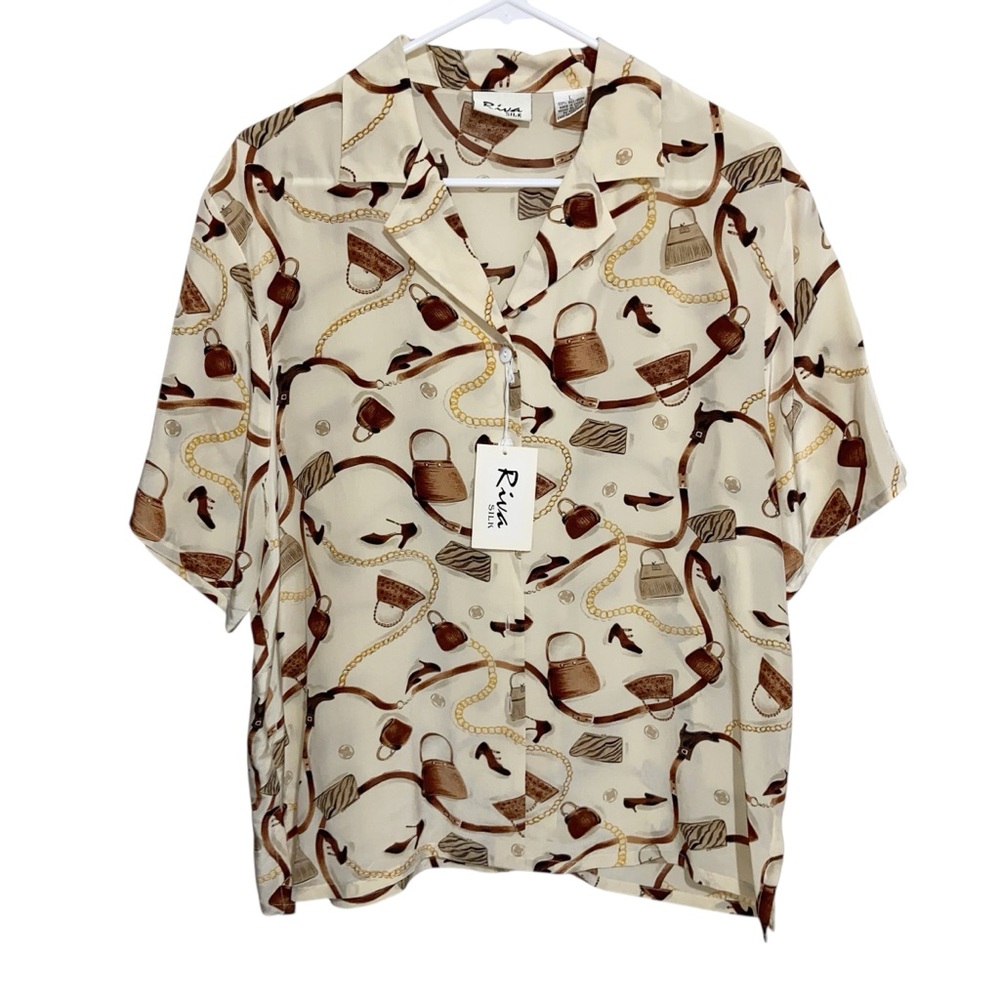 Riva Silk Shirt Womens Large Button Top Chain Print Shoes Handbags Vintage Retro